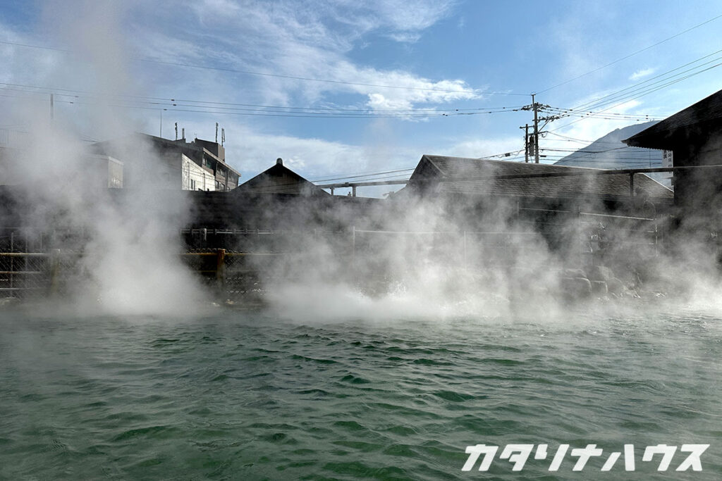 鬼池地獄のお湯は摂氏99度。ボコボコと湧き上がるお湯が迫力満点。