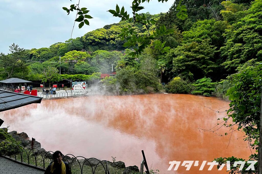 78℃の湯が沸き出ているため常に湯気が上がる赤い地獄