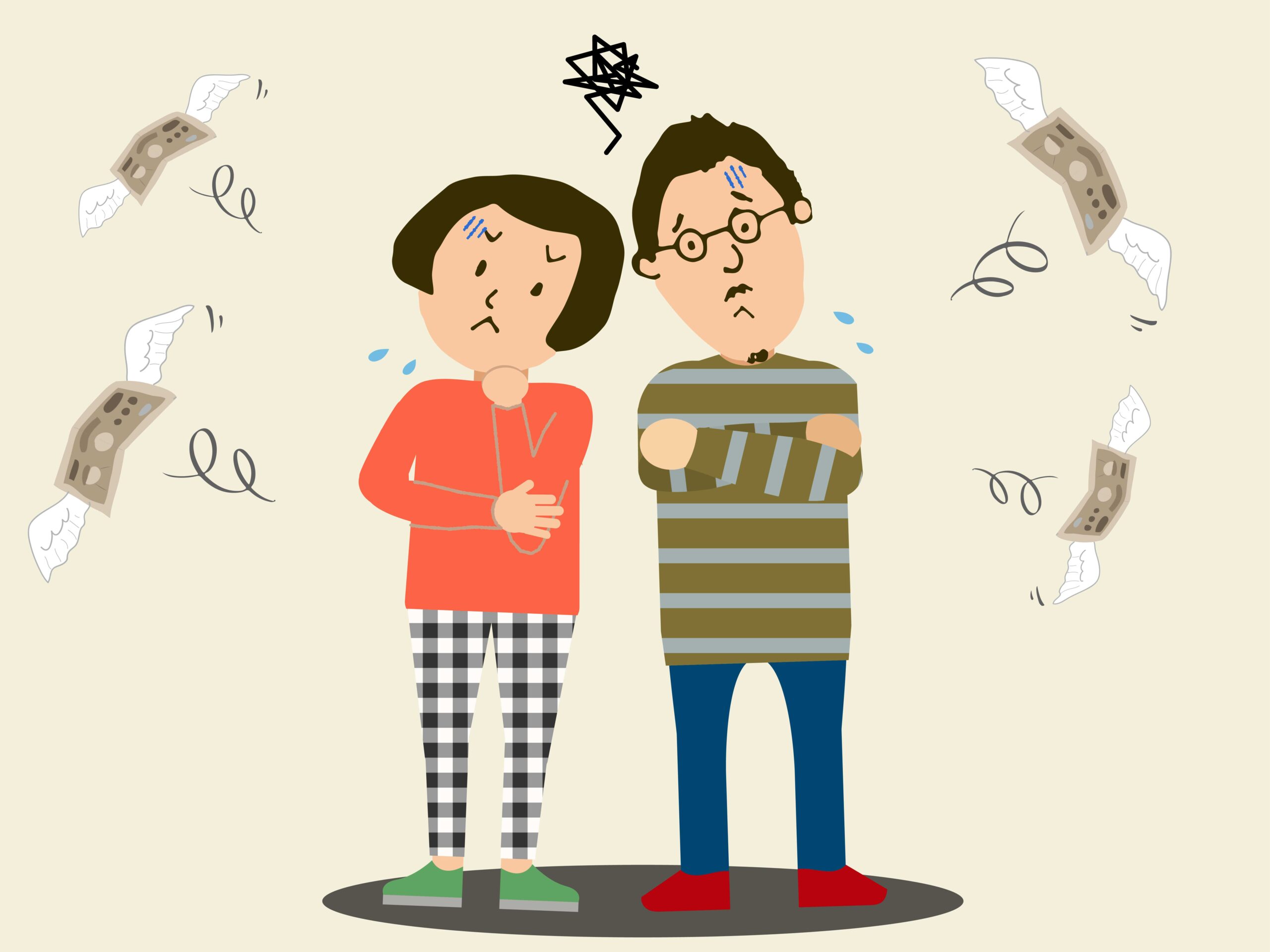 リフォームを検討しているけどお金のことで悩んでいる30代夫婦のイラスト