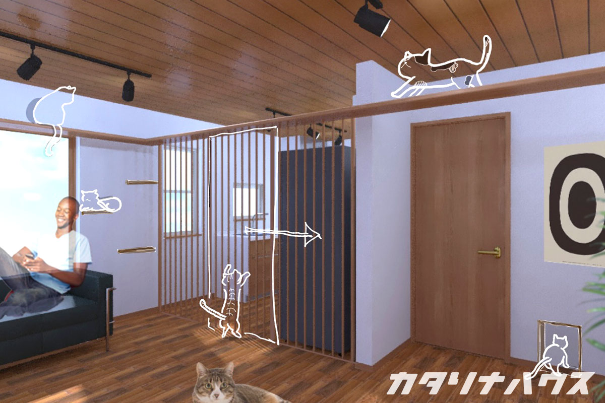 木を基調としたリノベーションのイメージパース。キャットウォークや格子扉が見える。白いペンで猫のイラストが描かれている。