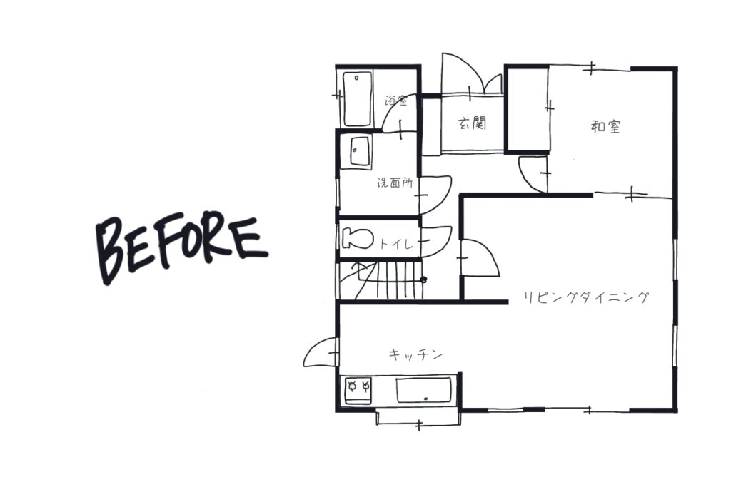 リノベーション工事前のBEFORE間取り。手書きで温かみのあるタッチ。