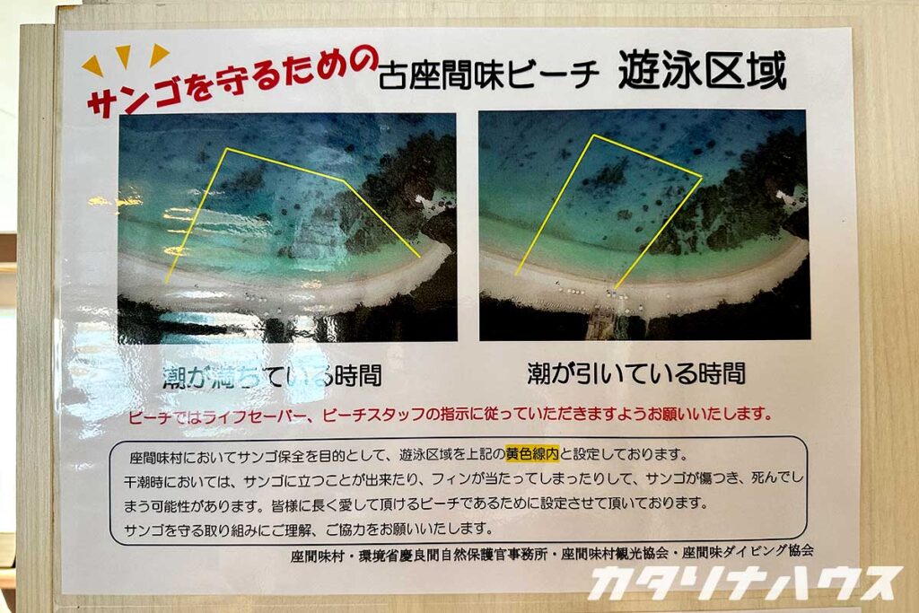 古座間味ビーチでの遊泳区域を示した看板。潮の満ち引きに応じて黄色い線で区切られた遊泳可能範囲が示され、サンゴを守るための注意が書かれている