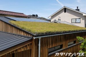 屋根一面を芝生で覆った草屋根の建物。木の外壁と緑の屋根が、周囲の住宅地の中で自然と溶け込むようにデザインされている様子。