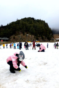 雪が積もるスキー場で雪を集める子供